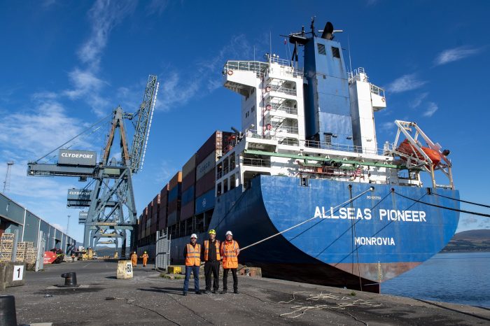 FIRST DIRECT CHINA SCOTLAND CONTAINERSERVICE ARRIVES AT GREENOCK OCEAN TERMINAL